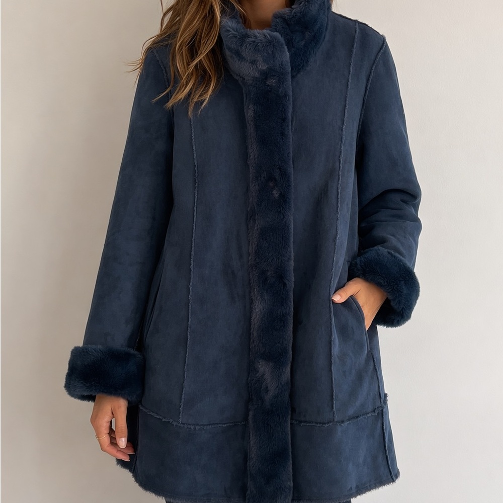 Dennis Basso Blue Vegan Suede Leather Faux Fur Trim Coat Medium
